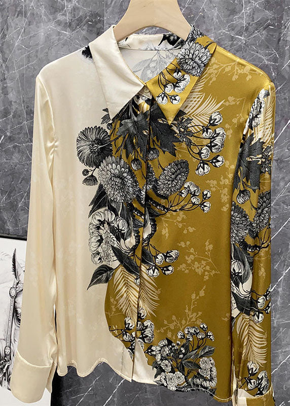 Beige Peter Pan Collar Asymmetrical Print Silk Blouse Tops Spring