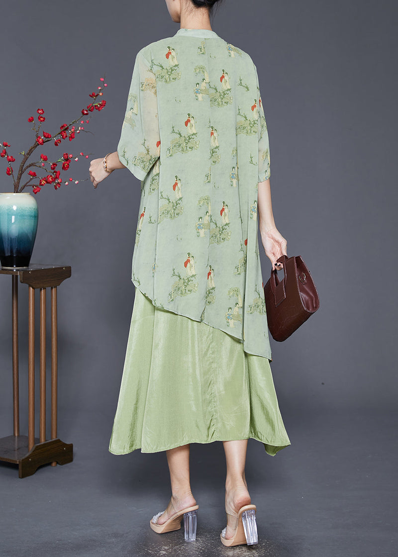 Green Tasseled Print Silk Long Dresses Summer