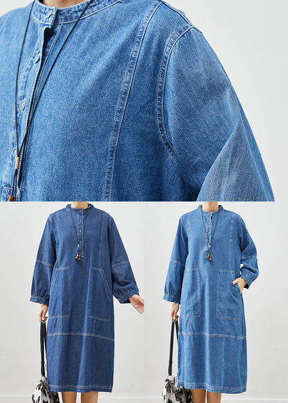 Dark Blue Oversized Patchwork Cotton Vacation Dresses Fall
