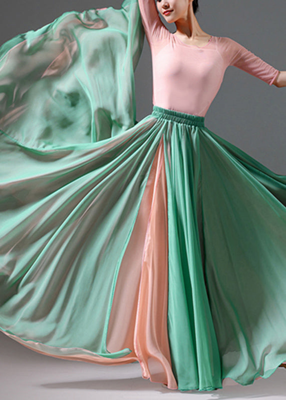 Grass Green Patchwork High Waist Silk Maxi Skirt Summer