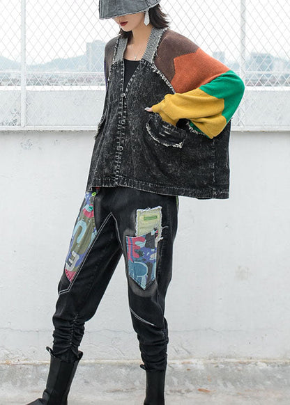 Denim V Neck Knit Patchwork Asymmetrical Design Fall Long Sleeve Coat