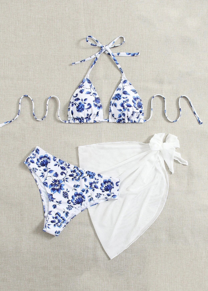 European and American Green Print Swimwear Set