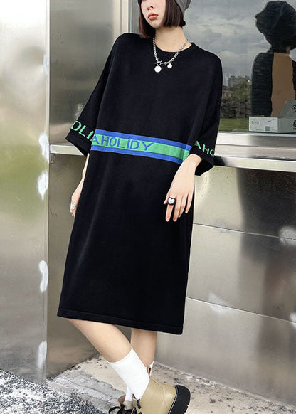 Black O-neck Patchwork Fall Holiday Dress Three Quarter Sleeve