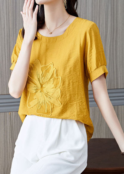 Yellow Patchwork Linen T Shirt Embroideried Wrinkled Summer