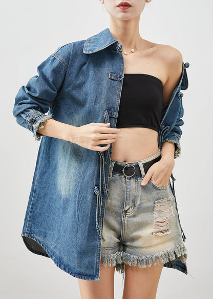 Denim Blue Chinese Button Cotton Coat Outwear Spring