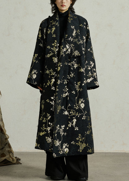 Jacquard Black Lace Up Pockets Cotton Long Coats Fall