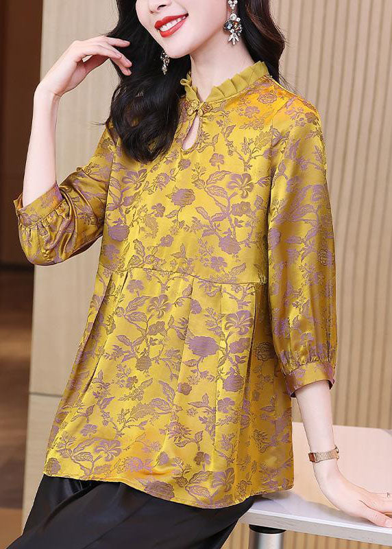 Yellow Ruffled Jacquard Silk Blouses Bracelet Sleeve