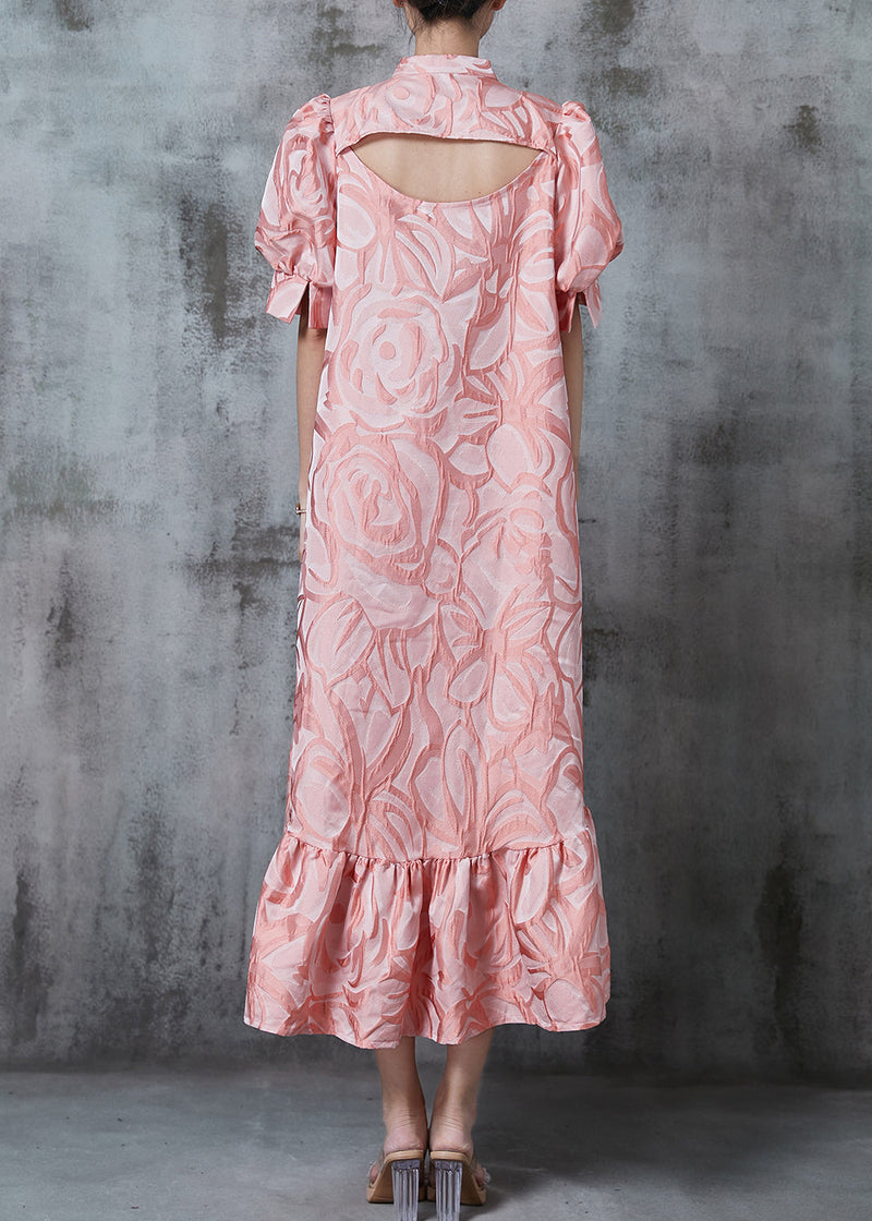 Pink Stand Collar Jacquard Silk Robe Dresses Summer