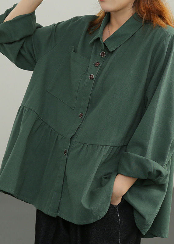 Green Oversized Patchwork Wrinkled Cotton Loose Blouse Top Long Sleeve