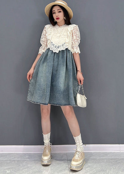 French Blue Stand Collar Hollow Out Lace Patchwork Cotton Denim Mid Dresses Short Sleeve Summer