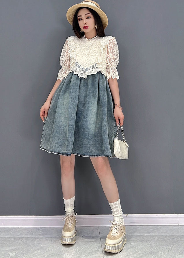 French Blue Stand Collar Hollow Out Lace Patchwork Cotton Denim Mid Dresses Short Sleeve Summer
