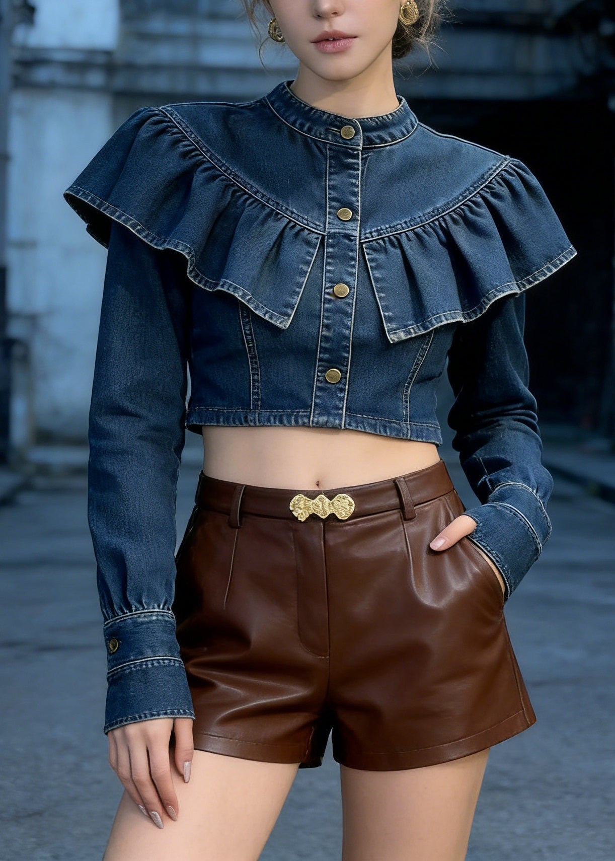 Blue Ruffled Patchwork Denim Short Top Spring