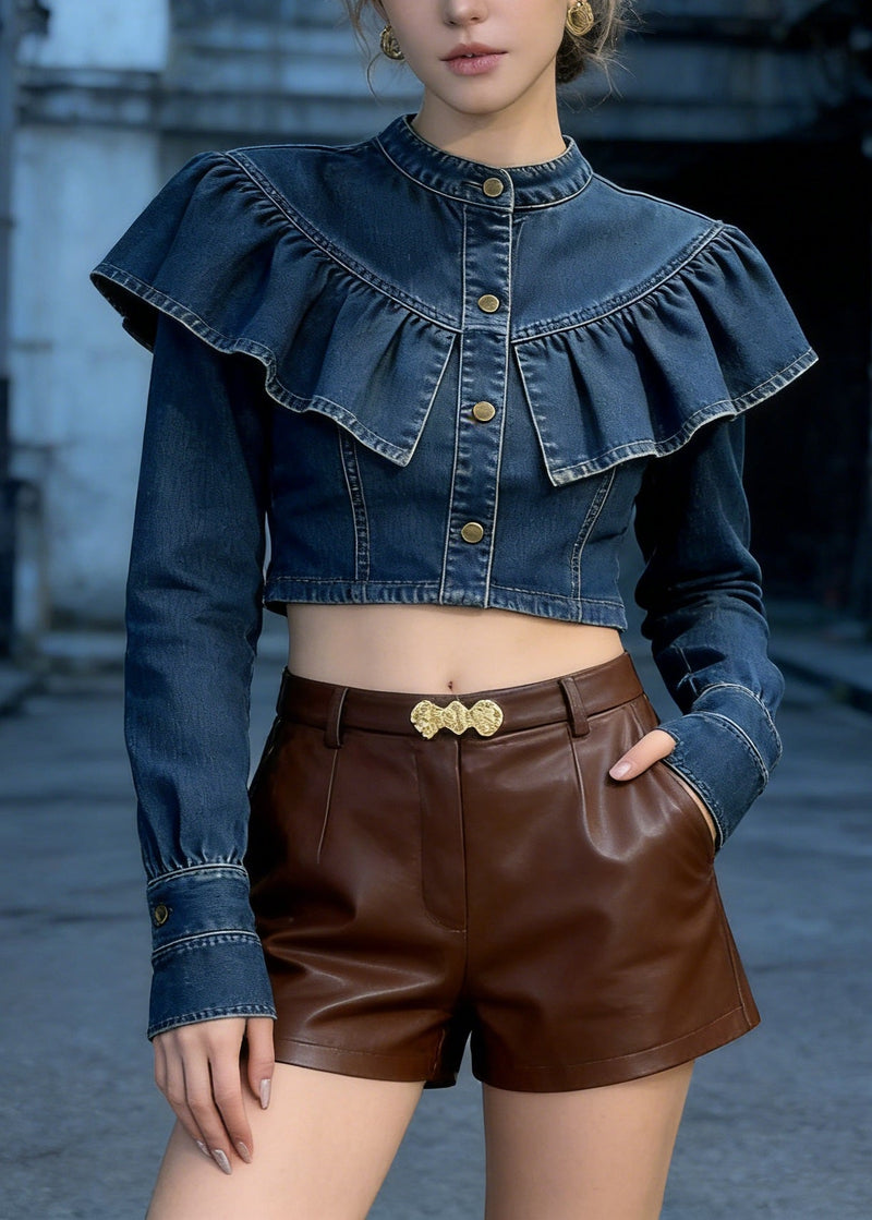 Blue Ruffled Patchwork Denim Short Top Spring