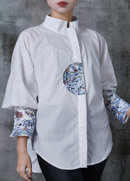 White Embroidered Cotton Shirt Tops Summer