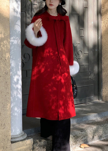 New Red Fur Collar Lace Up Patchwork Woolen Coat Spring