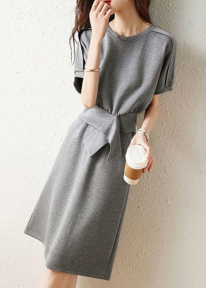 Simple Grey O Neck Patchwork T Shirt and Skirtss Cotton Two Pieces Set Fall