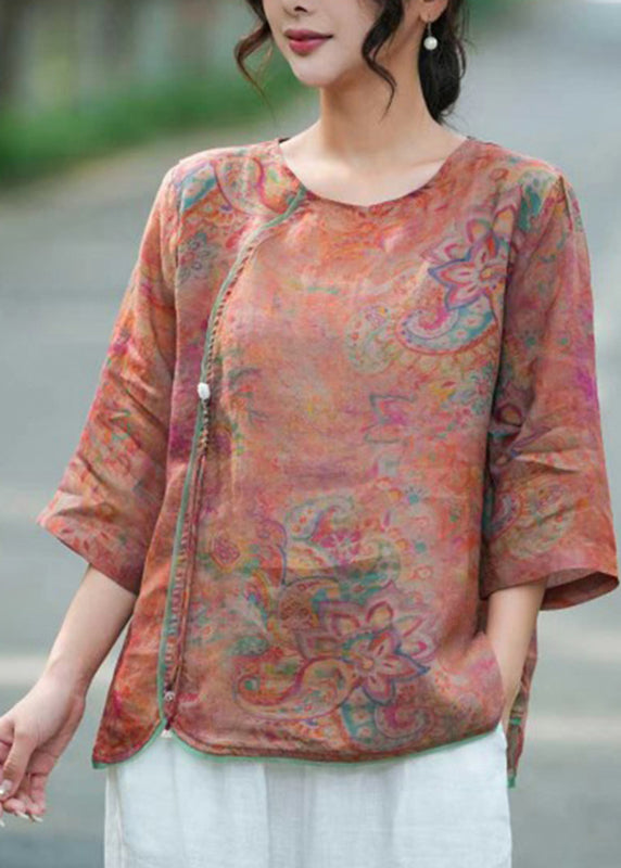 Light Purple O-neck Print Linen Tops Bracelet Sleeve