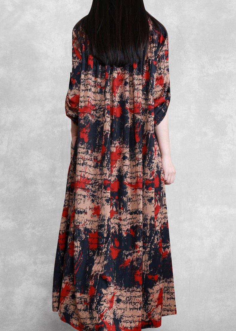 Style Black Print Tunics V Neck Large Hem Robe Spring Dresses
