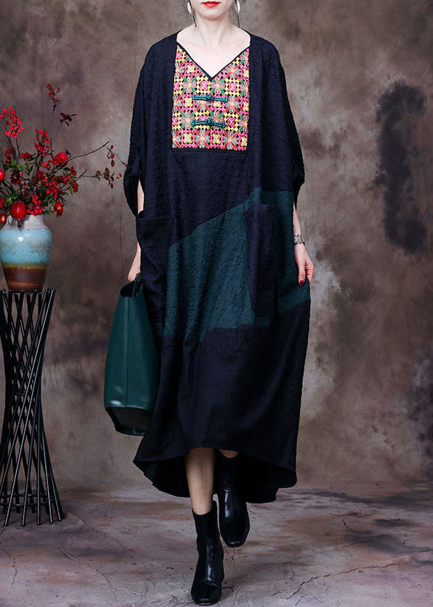 Black V Neck Embroideried Patchwork Wrinkled Silk Dresses Long Sleeve