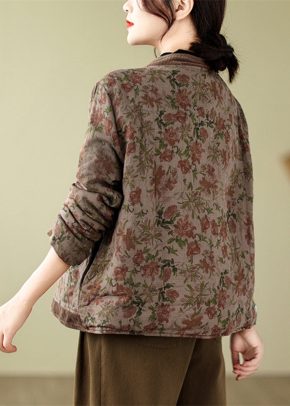Khaki V Neck Print Fine Cotton Filled Coats Winter