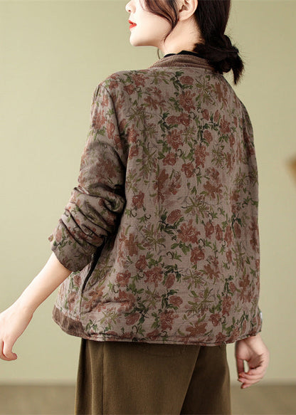 Khaki V Neck Print Fine Cotton Filled Coats Winter