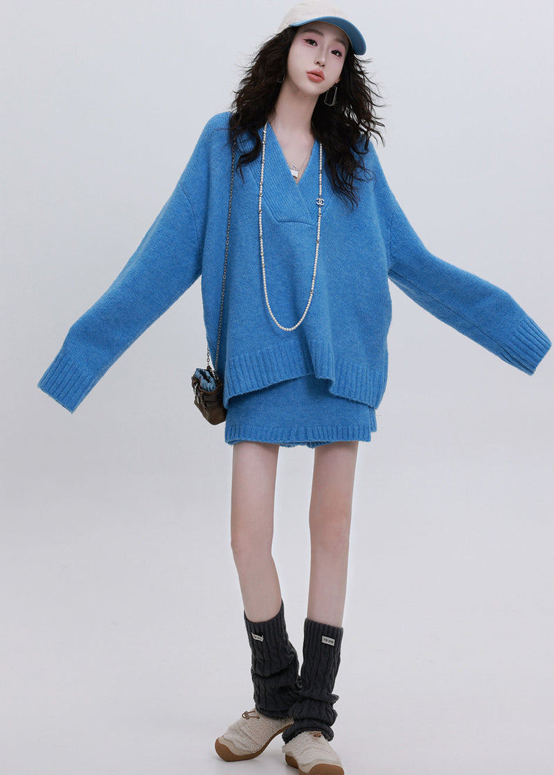 Diy Blue V Neck Asymmetrical Design Knit Two Piece Set Clothing Winter