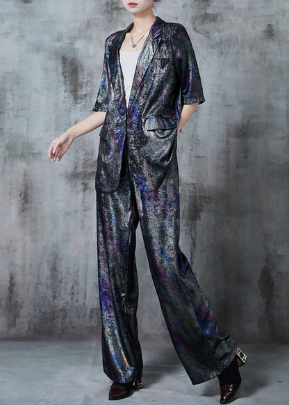 Dark Grey Notched Tie Dye Silk Two Pieces Set Summer