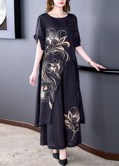 Black Asymmetrical Print Chiffon Top and Wide Leg Pants Two-piece Set Summer
