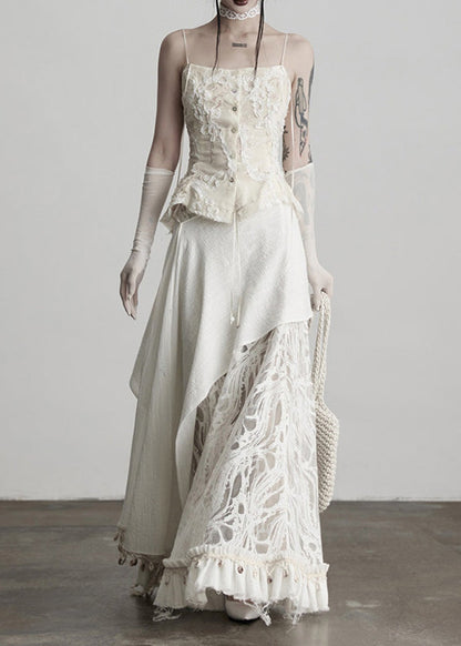 Fitted White Tassel Patchwork Lace Skirts Fall