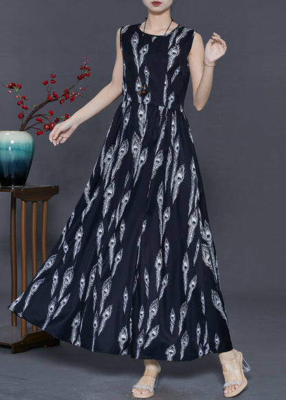 Black Feather Print Chiffon Holiday Dress Summer