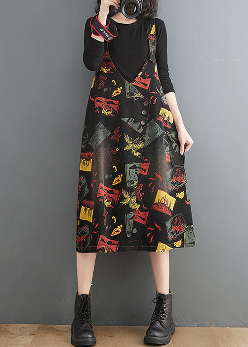 Black V Neck Asymmetrical Button Print Strap Denim Dress Summer