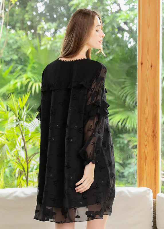 Black Embroideried Patchwork Ruffles Chiffon Maxi Dresses Spring