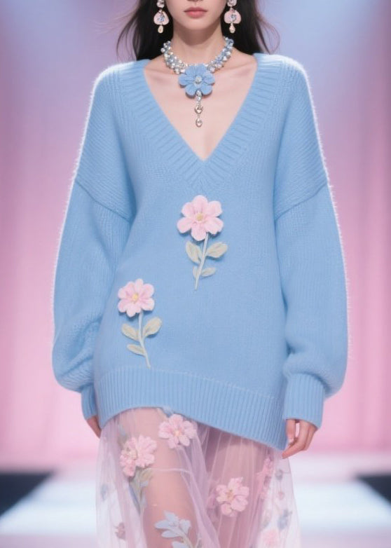 Italian Blue V Neck Patchwork Knit Short Sweater Fall