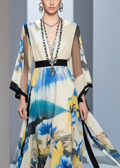 Cinched Print Exra Large Hem Chiffon Long Dress Fall