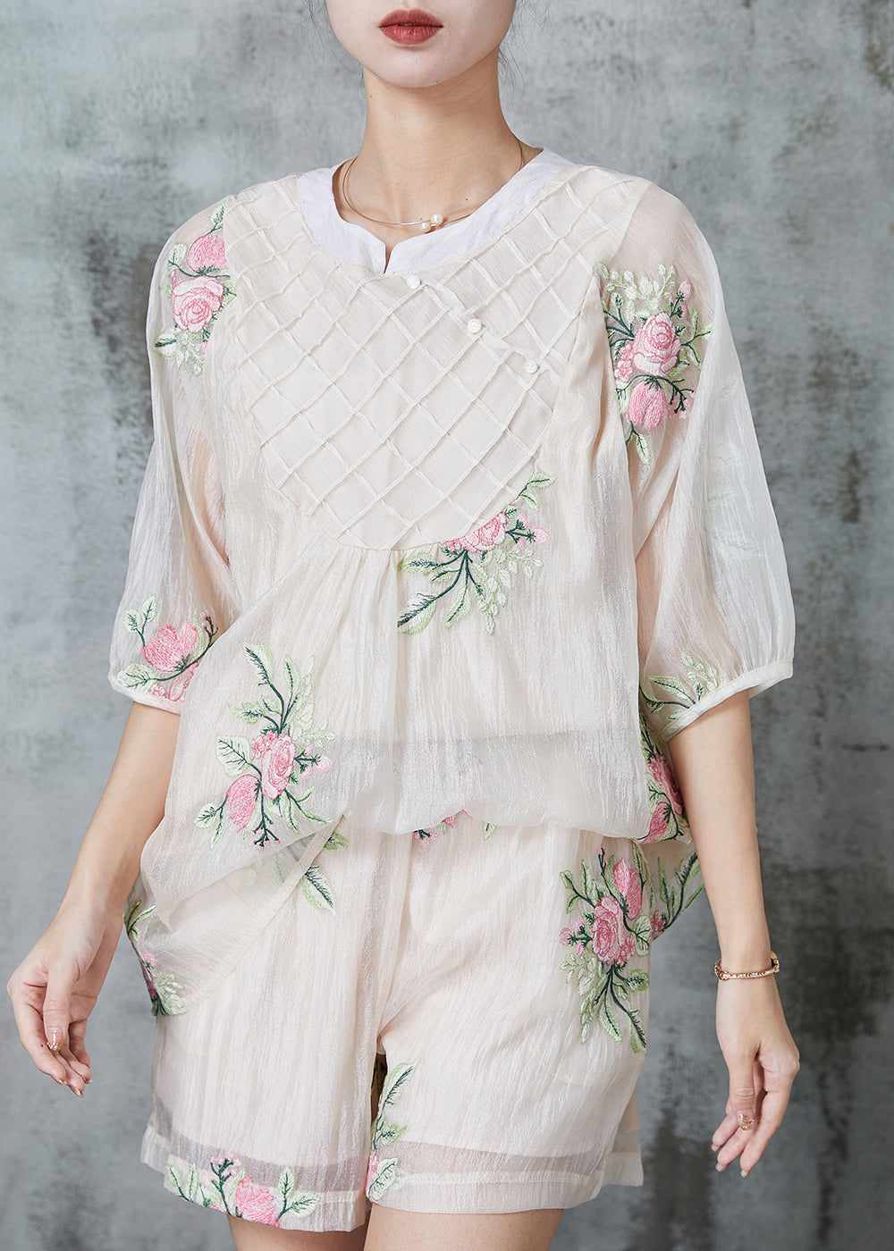 White Embroidered Silk Oriental Two Pieces Set Summer