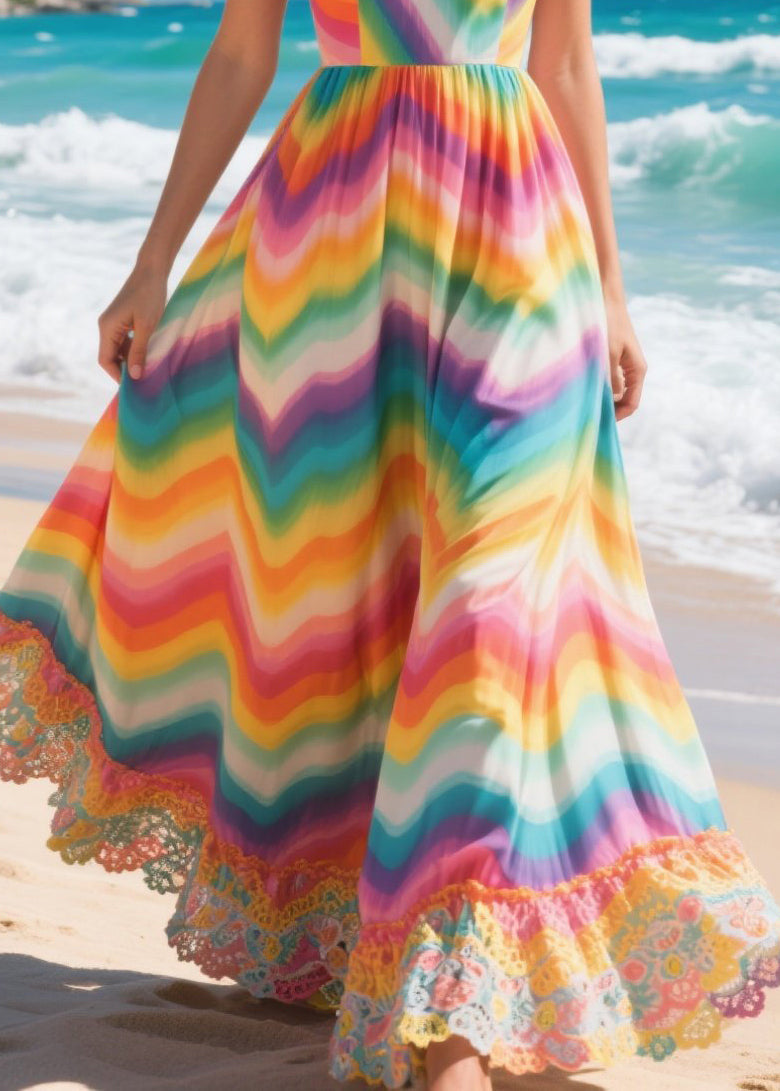 Rainbow Exra Large Hem Patchwork Lace Chiffon Dress Summer