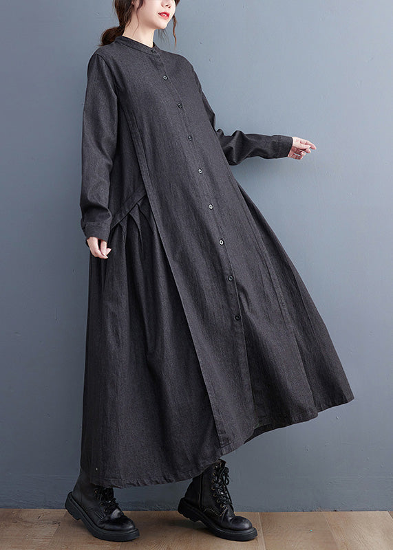 Denim Black Stand Collar Patchwork Wrinkled Button Ankle Shirts Dress Long Sleeve