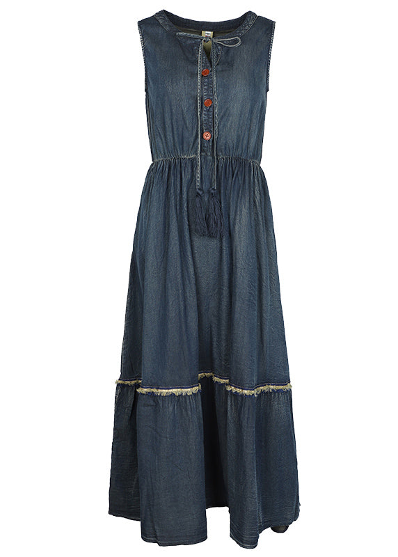 Boutique Denim Blue O-neck Lace Up Button Cotton Cinch Dresses Sleeveless