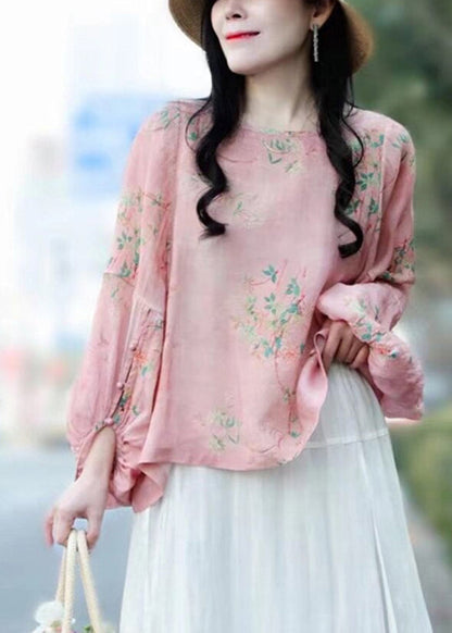 Pink Print Linen Blouse Tops Lantern Sleeve