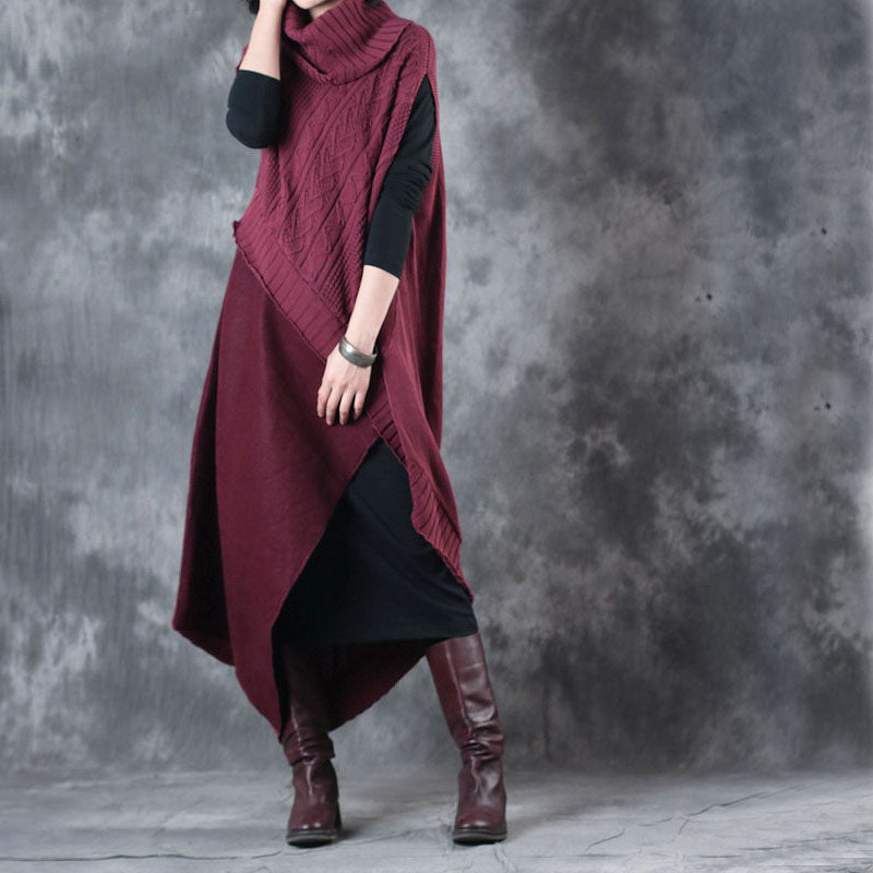 Mulberry Turtleneck Patchwork Asymmetrical Design Fall Two Pieces Set