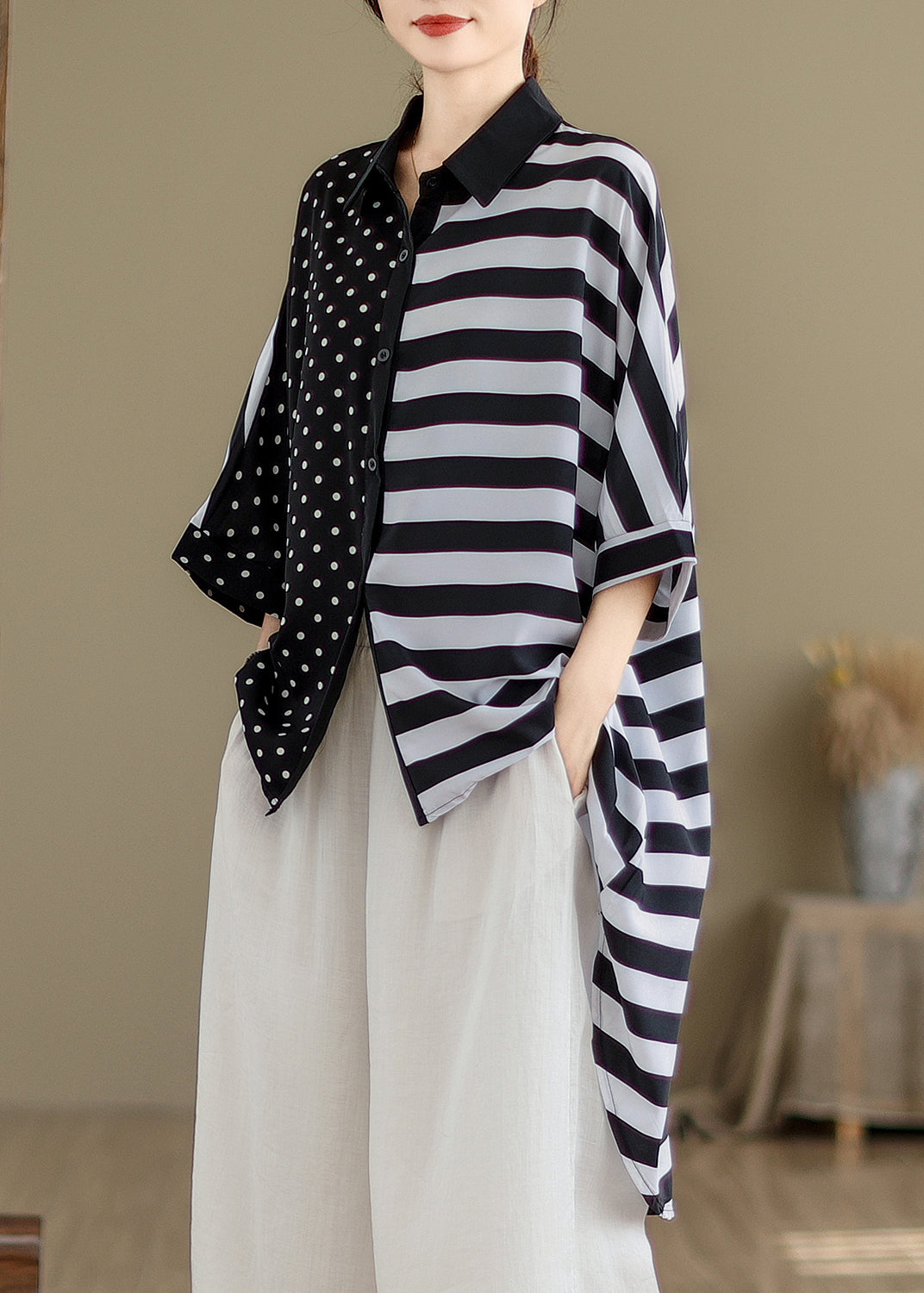 Colorblock Peter Pan Collar Low High Design Cotton Shirt Tops Summer