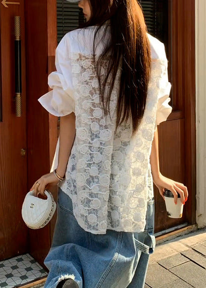 Original White Peter Pan Collar Button Lace Patchwork Shirt Spring