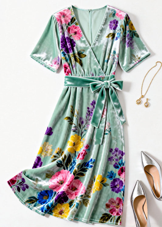 Green V Neck Print Tie Waist Silk Velvet Dresses Summer