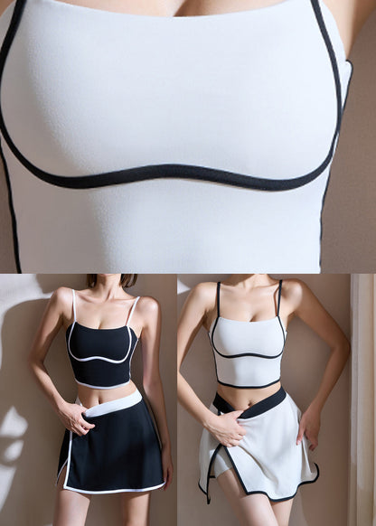 White Spaghetti Strap Sports Bra and Skirts Set Suit