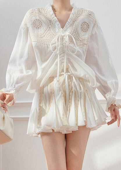 White V Neck Drawstring Shirt and Skirts Two Piece Set Spring