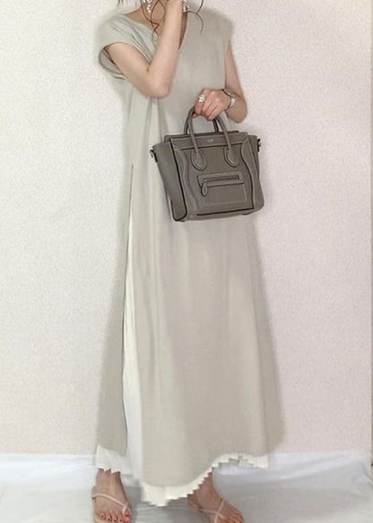 Grey O-neck Wrinkled Patchwork Side Open Cotton Two Pieces Set Summer
