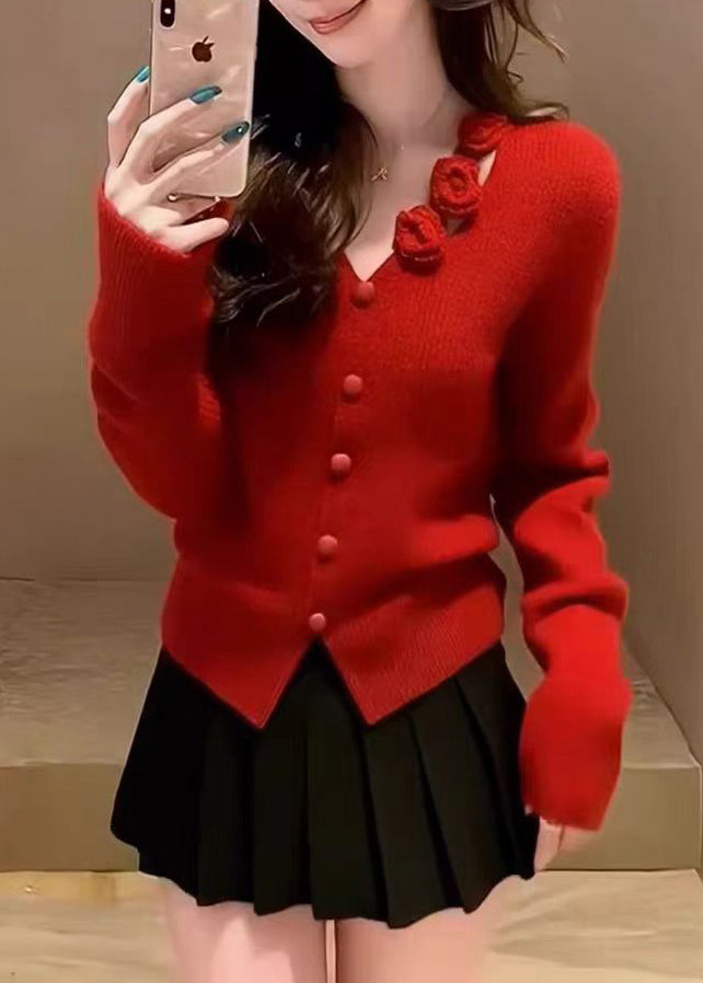 Organic Red Button Cotton Knit Sweater Spring