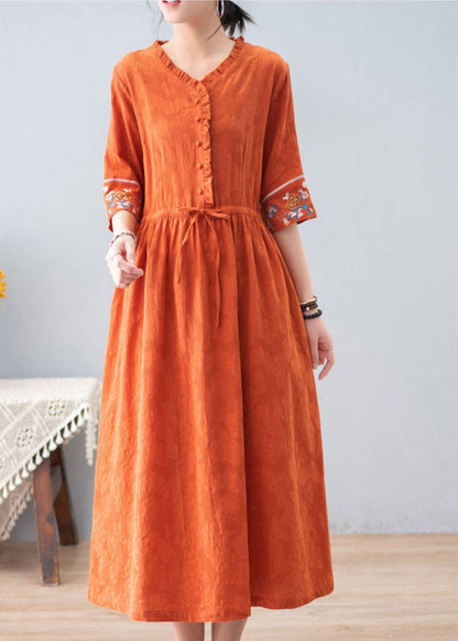 Orange Ruffled Drawstring Embroideried Jacquard Cotton Dresses Half Sleeve