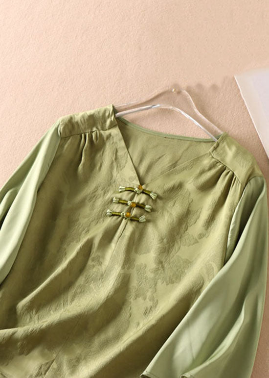 Green Chinese Jacquard Button Patchwork Silk Shirt Bracelet Sleeve