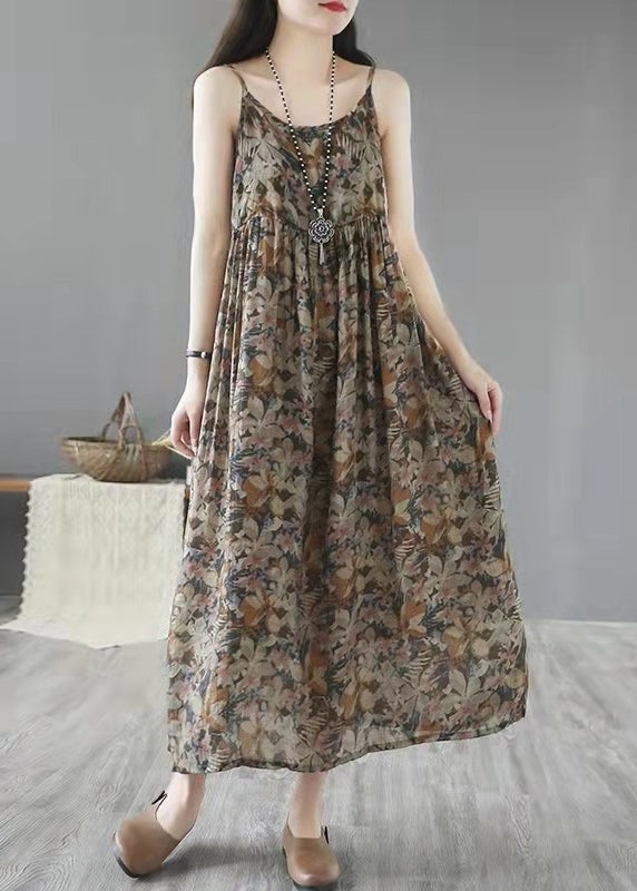 Khaki Print Wrinkled Linen Spaghetti Strap Dress Sleeveless